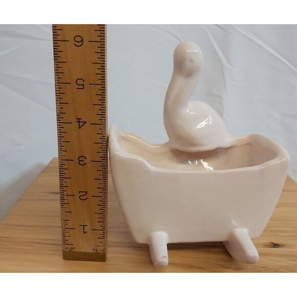 1939 Haeger Baby Cradle Planter pink Pottery Stork Mid Century Nursery Vase Vtg - Picture 8 of 10